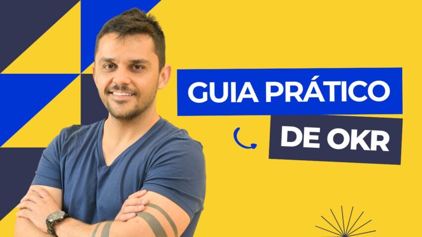 Líder de tecnologia apontando para painel digital de OKRs com equipe analisando métricas